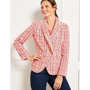 Talbots Lovely Tweed Blazer Red Pink Tan Metallic Preppy Classic Work Size 12